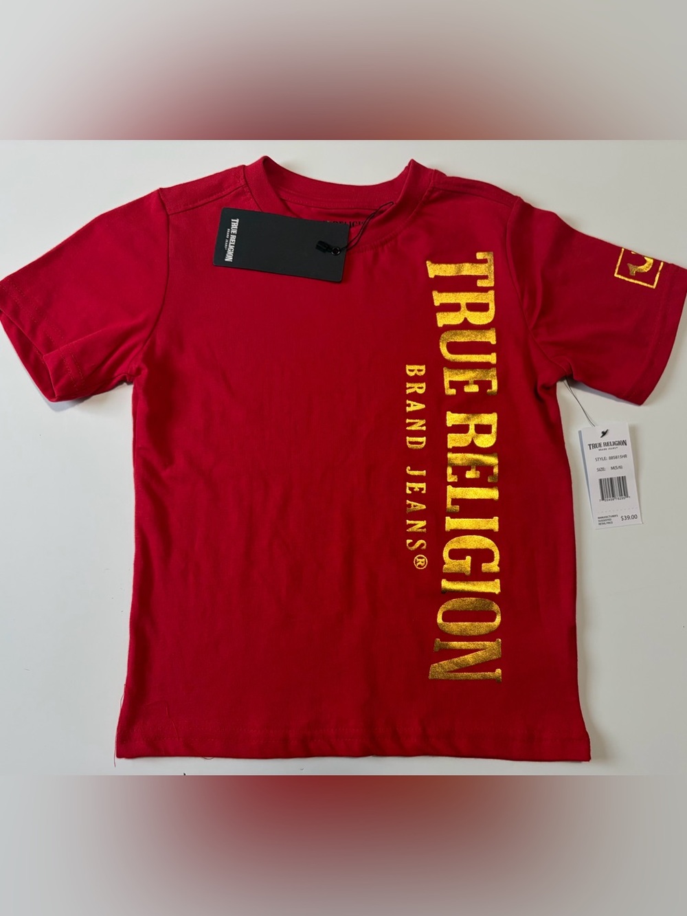 True Religion Red Short Sleeve Tee with Gold Vertical Logo